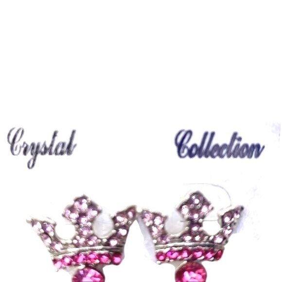 Crystal Collection Crown Pink Rhinestones Post Earrings New Silver Tone - Picture 6 of 7